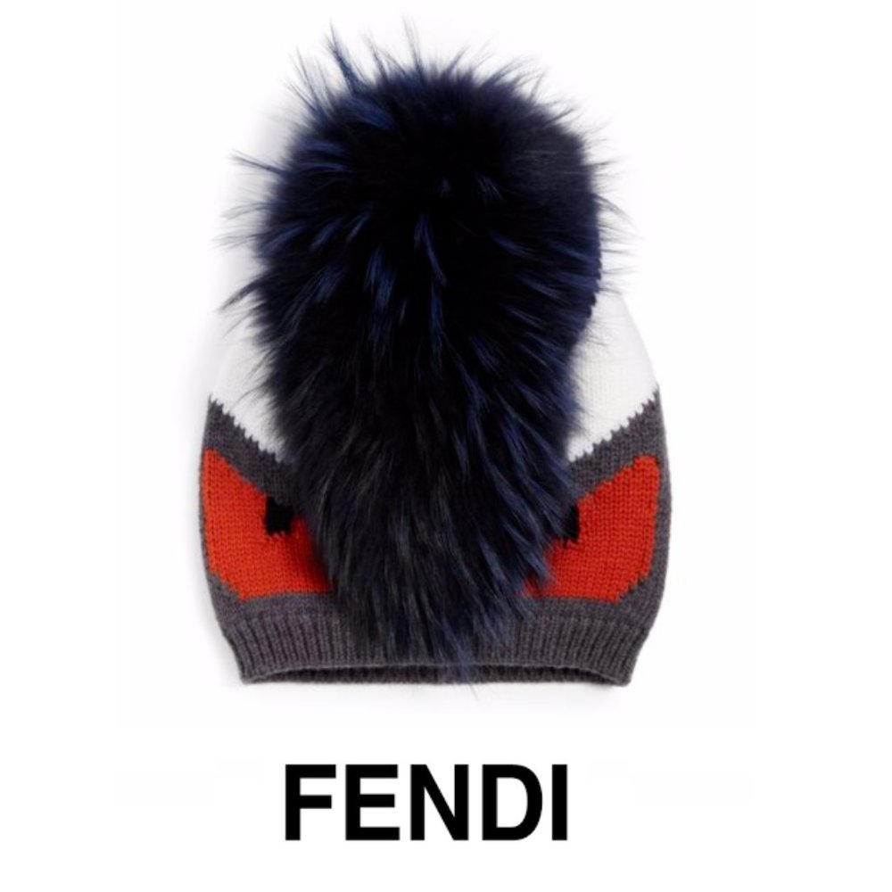 Fendi Navy, Red and Gray Knit Beanie with Large Fur Pom